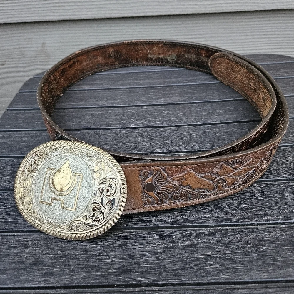 Chambers Top Grain Leather Hand Tooled Belt Eagle Mountains Brass Buckle USA 38